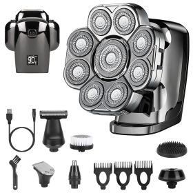 6 In 1 9D Electric Head Shaver for Men Cordless Rechargeable Wet Dry Razor with LED Display Travel Lock Stall Protection Cleaning Reminder